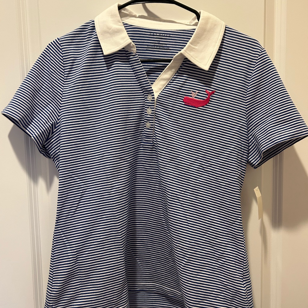 Talbots Blue Striped Polo Shirt With Pink Whale